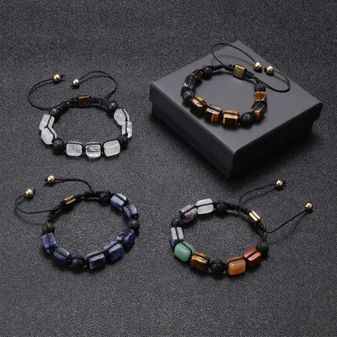 Natural Stone Lava Rock Braided Bracelet Adjustable Rectangular Bead Mandala Alloy Charm Fashion Jewelry For Men Women