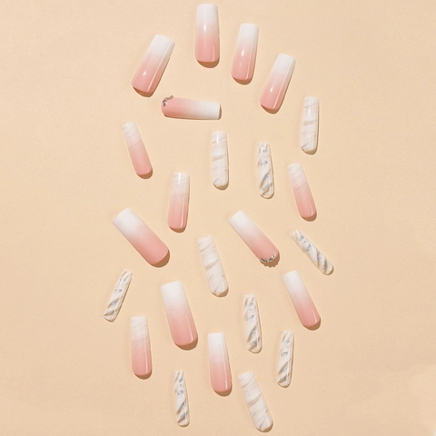 Extra Long Square Press On Nails Ombre Pink White Marble Pattern Rhinestones Silver Glitter French Style Artificial
