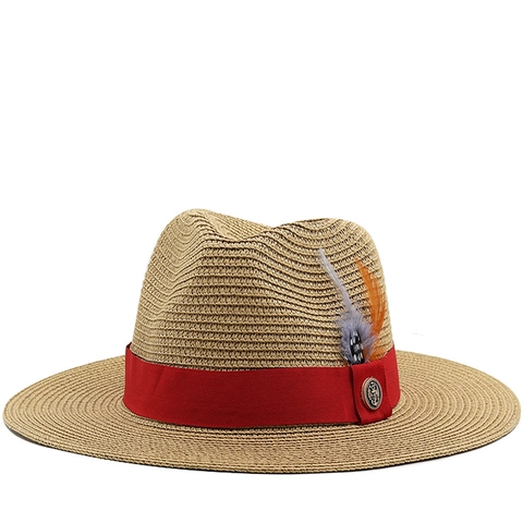 Fedora Straw Sun Hat Wide Brim Ribbon Feather British Vintage Style For Beach Vacation Summer Travel