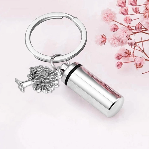 Roestvrij Staal Levensboom Cilindrische Crematie Urn Sleutelhanger As Memorial Hanger Souvenir Sieraden Voor Unisex