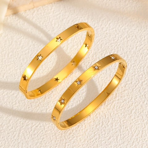 Fashion Star Bangle Stainless Steel Hollow Design Gold Plated Zircon Inlay Hinge Clasp Bracelet For Women
