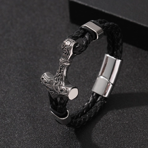 Thors Hammer Wikinger Armband Herren Echtes Geflochtenes Lederseil Zinklegierung Mjolnir Magnetverschluss Nordisch Vintage