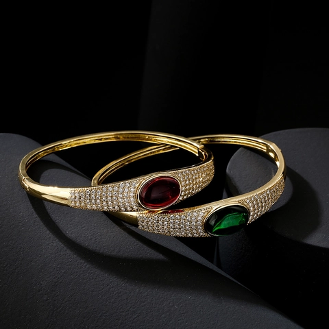 Retro Cuff Bracelet Copper Gold Plated Micro Pave Zircon Oval Red Green Synthetic Gemstone Jewelry For Women Lightweight