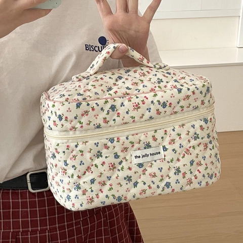 Beauty Case In Velluto A Coste Trapuntato Con Stampa Floreale Borsa Per Cosmetici Portatile Con Manico E Cerniera
