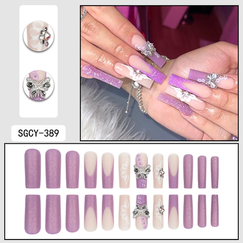 Lange Quadratische Violette Glitzer-Nägel Zum Aufdrücken Französischer Stil Mit 3D-Blumen Und Silbernen Schleifen-Strasssteinen