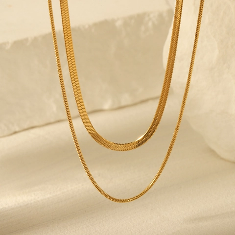 Double Layered Necklace Flat Snake Chain Stainless Steel Gold Plated Fashion Jewelry For Women