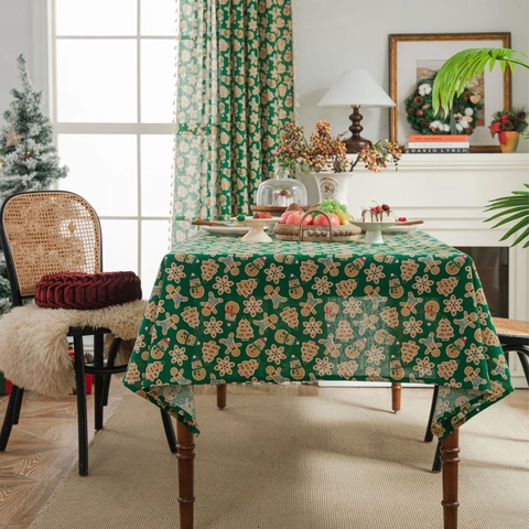 Christmas Tablecloth And Pillowcase Cotton Linen Blend Gingerbread Man Santa Print Decorative Rectangular Holiday Decor