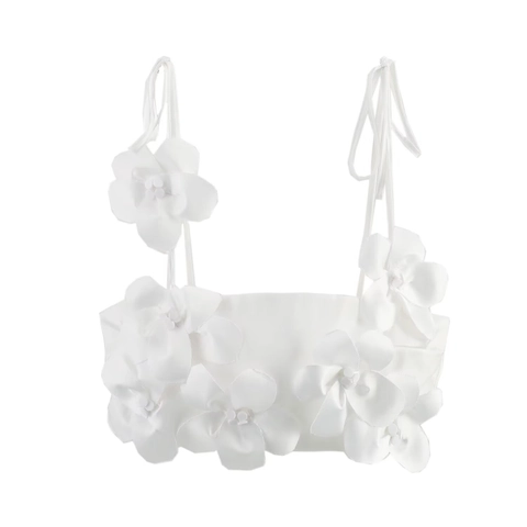 Top Crop Camisole Sexy Da Donna Bianco Poliestere Fiori 3D Spalline Da Annodare Slim Fit Party Arricciato