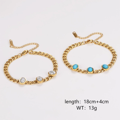 Vintage Stainless Steel Gold Plated Chain Bracelet With Oval Artificial Turquoise White Marble Stone For Women Boho Jewelry