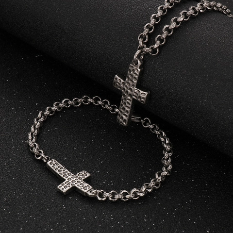 Vintage Gehamerde Kruis Ketting En Armband Roestvrij Staal Verweerde Sieraden Voor Heren Dames Punk Stijl