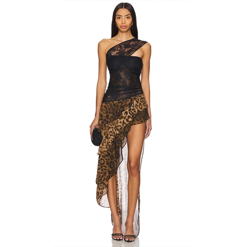 One Shoulder Luipaardprint Maxi Jurk Sexy Kant Patchwork Rugloos Chiffon Onregelmatige Zoom Avondfeest Clubwear