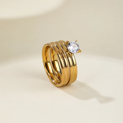 Titanium Steel Rings Gold Plated Multilayer Stackable Geometric Jewelry With Round Zirconia For Men Women