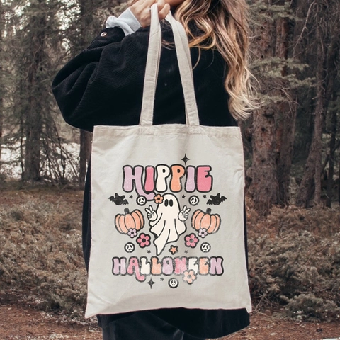 Halloween Canvas Tote Bag Spooky Vibes Ghost Pumpkin Print Reusable Shopping Shoulder Handbag Holiday Gift Favor