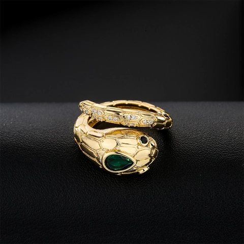 Slang Open Ring Koper 18K Verguld Groene Edelsteen Witte Zirconia Verstelbare Punk Sieraden Voor Dames