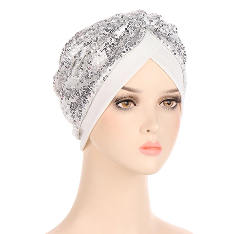 Women Sequined Turban Hat Fashion Sparkly Beanie Cross Twist Head Wrap For Daily Party Breathable Polyester Knitted Headwear