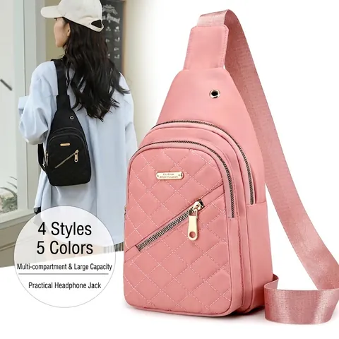 Quilted Nylon Chest Bag Crossbody Purse With Headphone Hole Multi Zipper Pockets Casual Sporty Sling Pack For Women