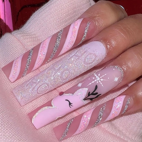 Christmas Pink Long Square Press On Nails Glitter Elk Snowflake HO Pattern Holiday Party Fake Nails Adhesive Tape File