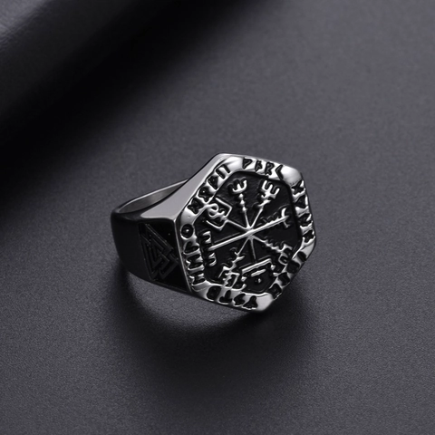 Wikinger Kompass Ring Edelstahl Vegvisir Runen Siegelring Retro Nordisch Punk Schmuck Für Männer Antik Silber Schwarz