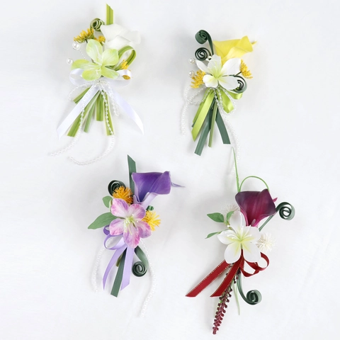 Artificial Calla Lily Boutonniere With Artificial Pearl Ribbon For Wedding Ceremony Groom Groomsmen Elegant Flower Corsage