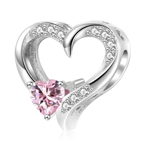925 Sterling Silver Pink Zirconia Heart Charm Bead For DIY Bracelet Fashion Light Luxury Jewelry Gift For Women