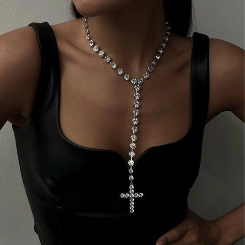 Hip Hop Kreuz Anhänger Halskette Für Damen Glänzend Zirkonia Strass Y-Form Lange Kette Schmuck Gold Silber Galvanisiert
