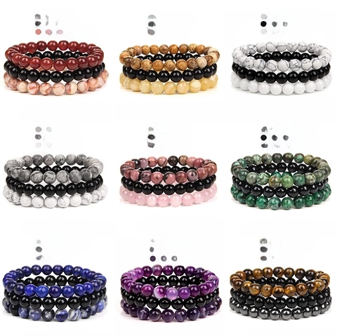 Naturstein Perlenarmbänder Achat Amethyst Tigerauge Rosenquarz Hämatit Elastischer Schmuck Herren Damen Unisex Modisch