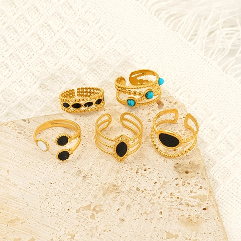 Bohemian Open Adjustable Ring Vintage 18K Gold Plated Stainless Steel Enamel Turquoise Geometric Jewelry For Women