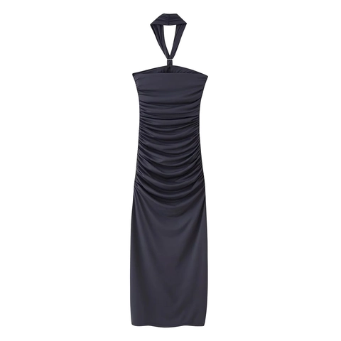 Halterneck Maxikleid Gerafft Schmale Passform Ärmellos Polyester Abendparty Bodycon Mit Metallring Eleganter Stil Damen