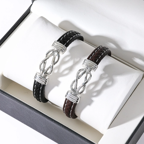 Men Braided Leather Bracelet With Alloy Infinity Knot Cross Magnetic Clasp Punk Style Gift For Son Grandson
