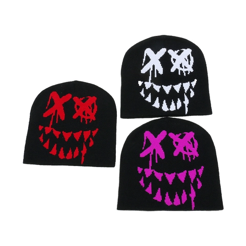 Acrylic Knitted Beanie Hat Graffiti Ghost Smile Face Streetwear Hip-Hop Winter Warm Cap For Men Women