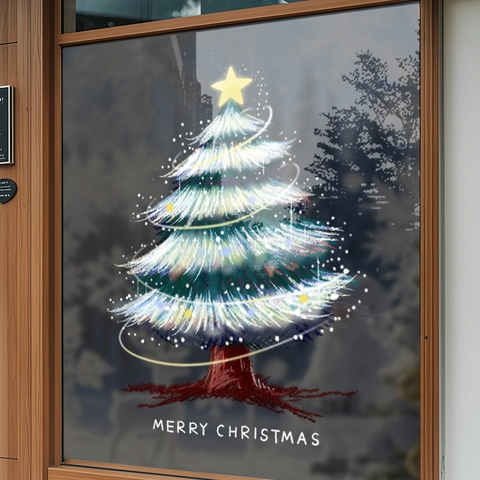 Christmas Tree Window Sticker Static Cling PVC Glass Door Decor Hand Painted Merry Christmas Holiday Decoration