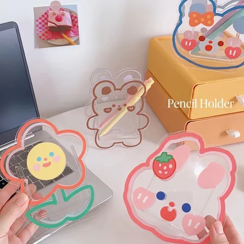 Acrylic Desktop Storage Organizer Transparent Cartoon Pen Holder For Stationery Makeup Brushes Cute Strawberry Bear Shape