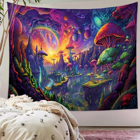 Psychedelic Tapestry Polyester Wall Hanging Mushroom Skull Neon Art Home Decor For Bedroom Living Room Backdrop