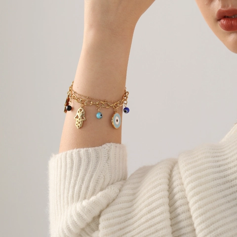 Böses Auge Hamsa Hand Schmetterling Charm Armband Edelstahl Vergoldet Böhmischer Modeschmuck Für Damen