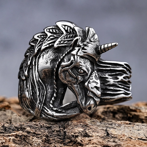 Vintage Einhorn Ring Edelstahl 3D Geschnitzte Tier Relief Punk Gothic Biker Schmuck Für Unisex Männer Frauen Retro Band