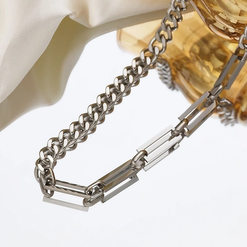 Spliced Necklace Stainless Steel Curb And Paperclip Chain Hip Hop Punk Trendy Jewelry For Women Steel Color