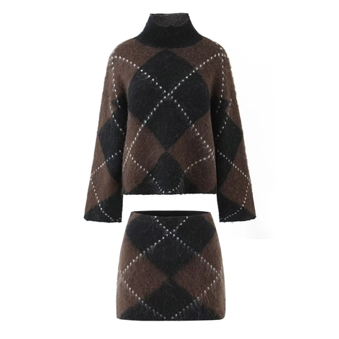 High Neck Argyle Sweater And Knit Skirt Mohair Style Pullover Long Sleeve Vintage Streetwear Outfit For Women