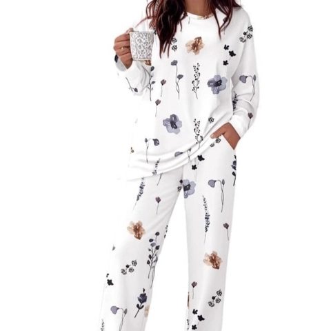 Pigiama Donna Top A Maniche Lunghe E Pantaloni Poliestere Tie Dye Stampa Floreale Faith Croce Loungewear