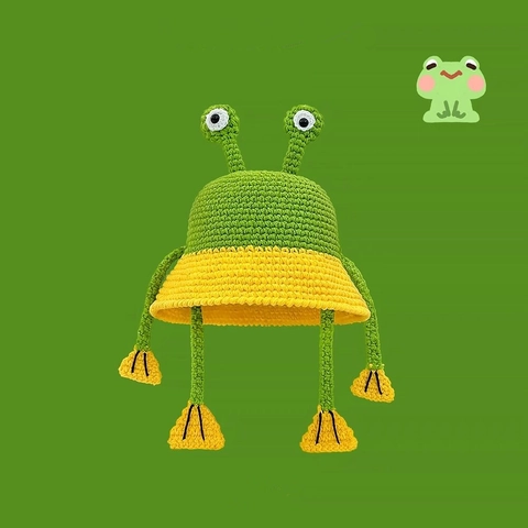Süße Frosch Häkeln Fischerhut Handgestrickt Acryl Lustige Tieraugen Winter Warm Strickmütze Für Damen Täglich Casual Kopfbedeckung