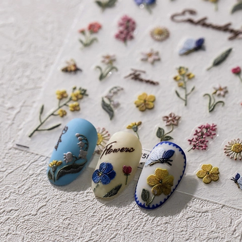 Nail Art Stickers 5D Relief Embroidery Style Floral Flower Butterfly Embossed 3D Adhesive Manicure Decoration