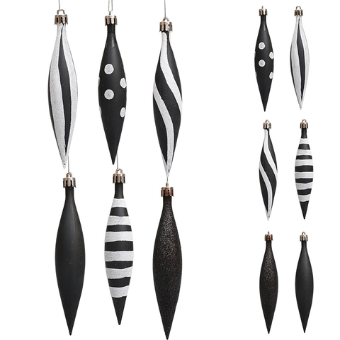 6-teiliges Set Weihnachtsschmuck Schwarz Weiß Spindelform Kunststoff Weihnachtsbaum Hängende Dekorationen Für Feiertage Haus