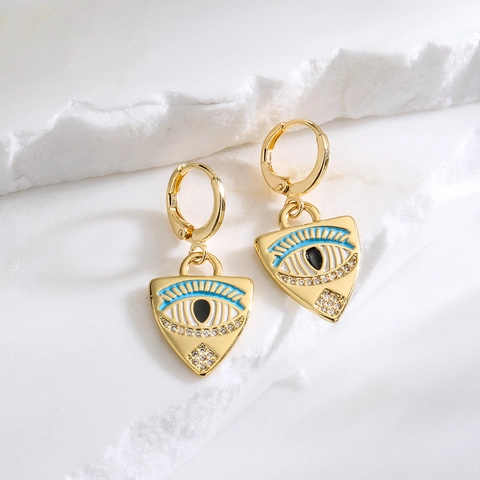 Geometric Triangle Evil Eye Hoop Earrings 18K Gold Plated Copper Enamel Zircon Personalized Dangle Jewelry For Women
