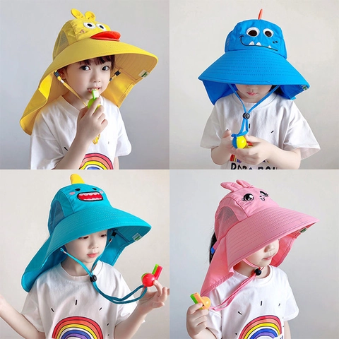 Kids Sun Protection Hat Polyester UPF 50 Plus Breathable Neck Flap Wide Brim Cartoon Animal Toddler Outdoor