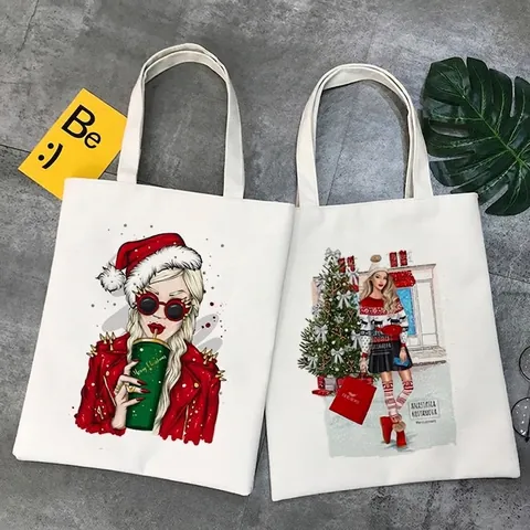 Christmas Tote Bag Canvas Reusable Shopping Handbag Holiday Print Shoulder Bag Large Capacity For Women