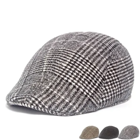 Retro British Plaid Newsboy Cap For Men Autumn Winter Warm Woolen Flat Cap Ivy Cap Vintage Houndstooth Hat