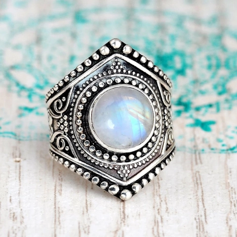 Vintage Copper Ring With Faux Moonstone Antique Silver Finish Bohemian Ethnic Shield Style Jewelry For Women