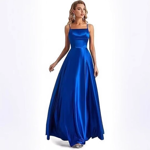 Satin Evening Gown Spaghetti Strap Side Slit Floor Length A-Line Formal Party Prom Dress For Women
