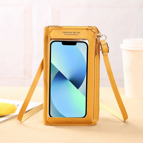 Pochette de Téléphone en Similicuir PU pour Femmes Avec Fenêtre Tactile Carré Vertical Sac à Bandoulière Mini Sac à Main Portefeuille Zippé