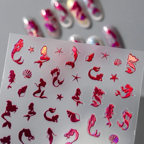 3D Nail Art Stickers Holographic Laser Red Mermaid Sea Shell Starfish Patterns Self Adhesive DIY Manicure Decals