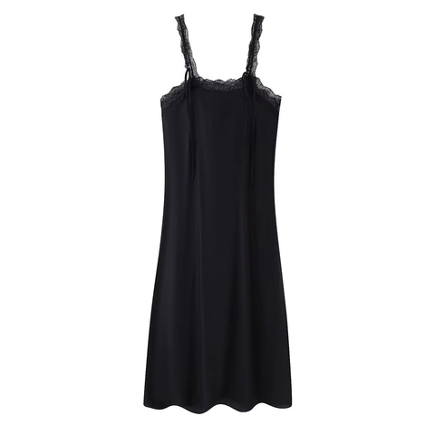 Women Satin Maxi Dress Lace Patchwork Spaghetti Strap Elegant Satin-Like Cami Long Slip Dress Solid Black